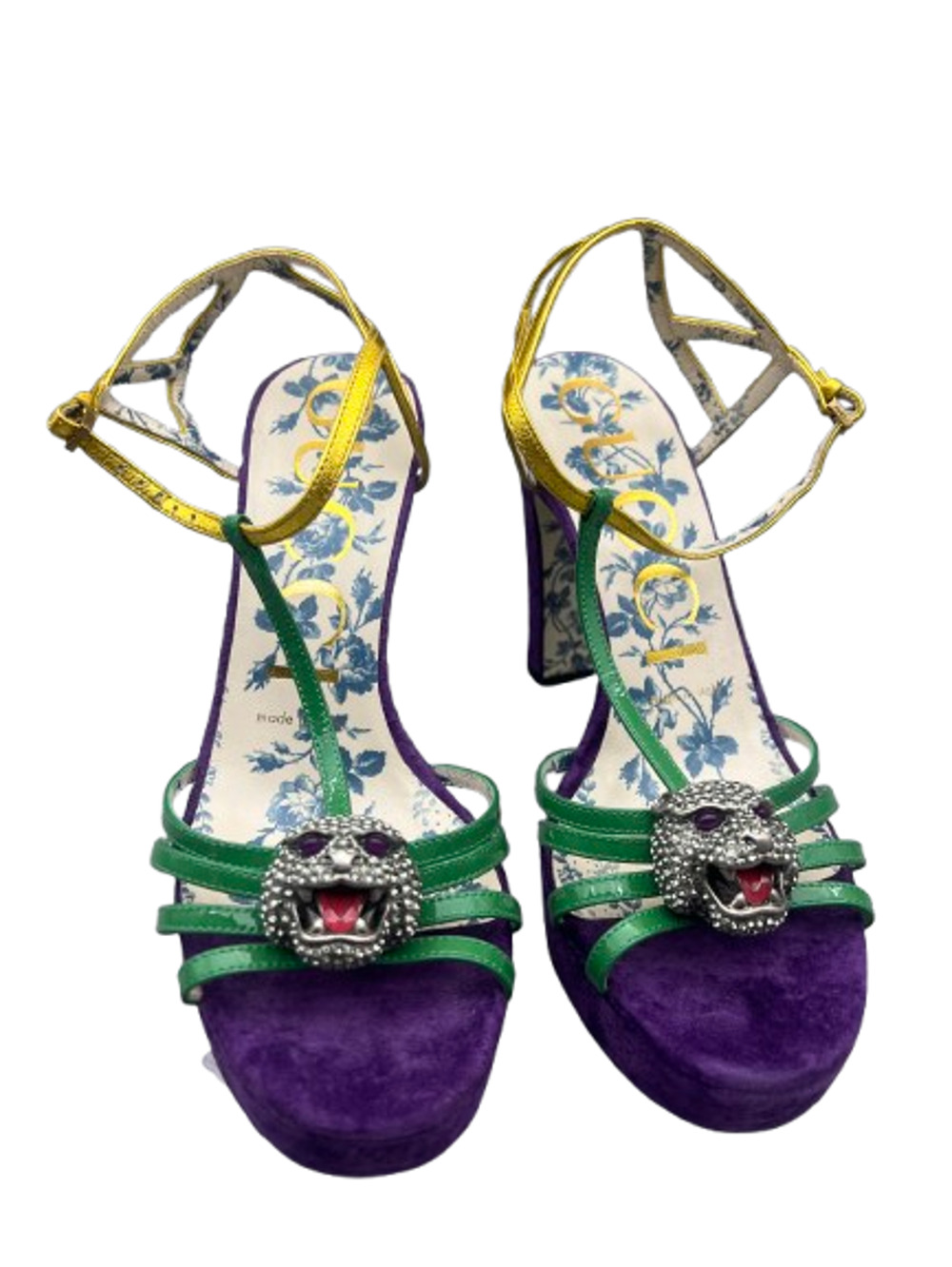 Gucci Women Velvet Nappa Elias Tiger Head Crystals T-Strap Cone Heel Sandal 36.5